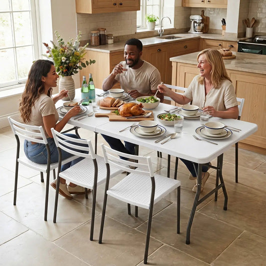 DirectDeals 6 ft fold-in-half camping table with carrying handle, white top and dark metal legs on Tampa Home & Garden Store