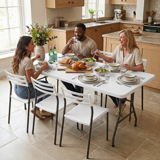 6 ft fold-in-half camping table GemGear with white top and sturdy metal legs on Tampa Home & Garden Store