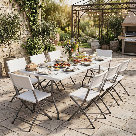 GemGear 6 ft fold-in-half camping table with carrying handle, white top and gray legs on Tampa Home & Garden Store