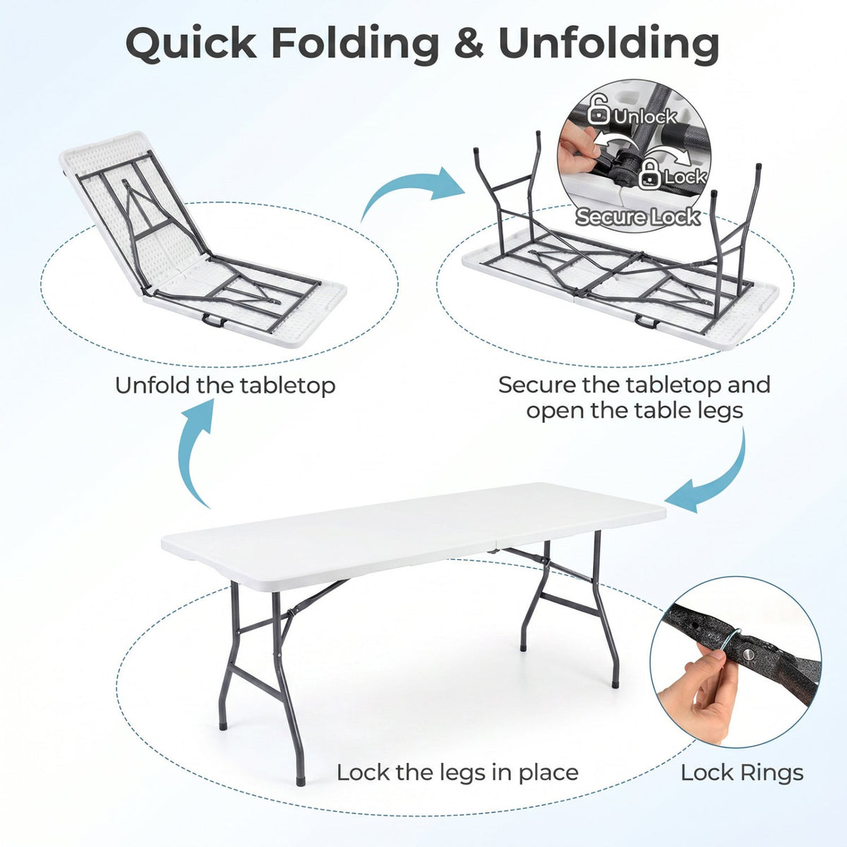GemGear 6 ft fold-in-half camping table with carrying handle; white top black frame on Tampa Home & Garden Store