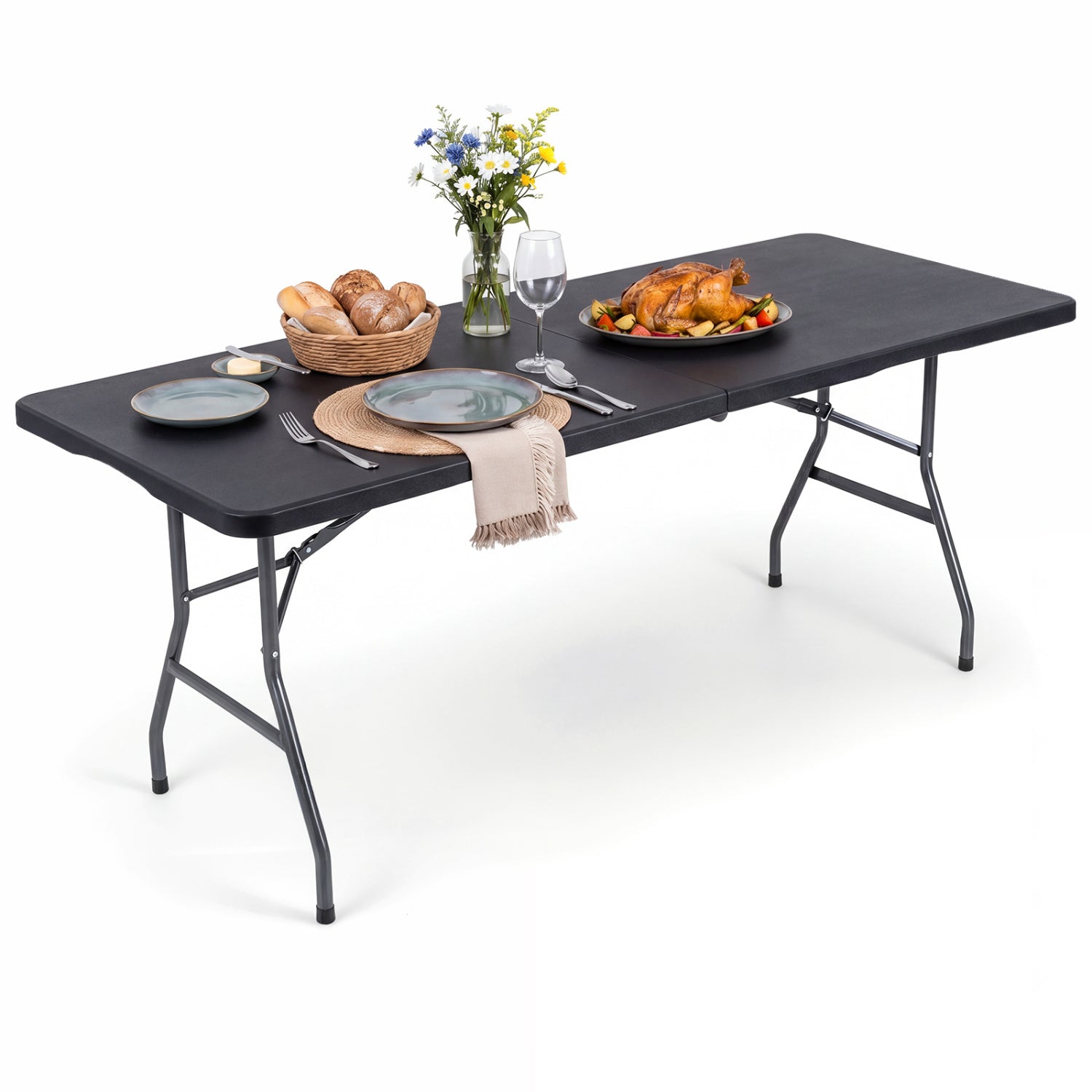 6 ft fold-in-half camping table with rattan texture, DirectDeals, black tabletop, steel legs on Tampa Home & Garden Store