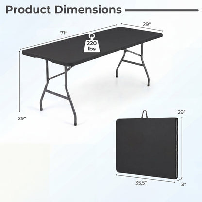 6 ft DirectDeals folding table with fold-in-half design, black top and gray metal legs with carry case on Tampa Home & Garden Store