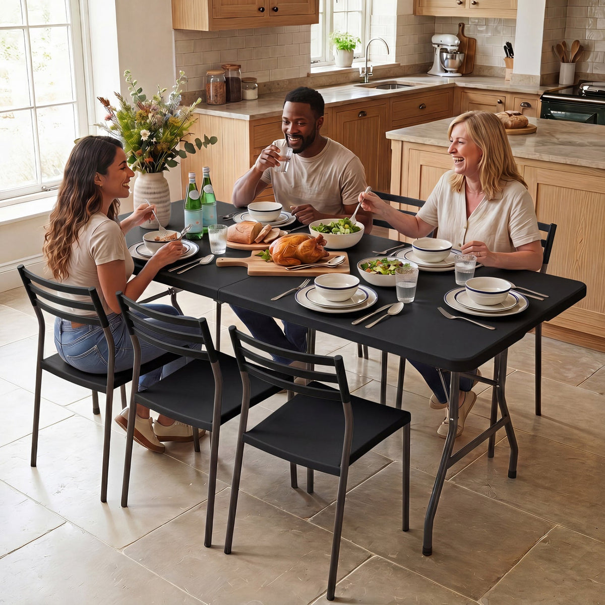 6 ft fold-in-half camping table with rattan texture, DirectDeals, black finish for dining on Tampa Home & Garden Store