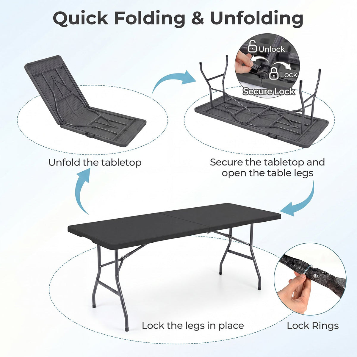 6 ft folding camping table with rattan texture, dark gray surface and lockable legs DirectDeals on Tampa Home & Garden Store