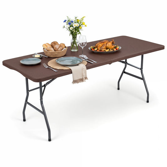 GemGear 6 ft fold-in-half camping table with brown rattan texture on Tampa Home & Garden Store