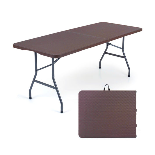GemGear 6 ft fold-in-half camping table with brown rattan texture and gray metal legs carry case on Tampa Home & Garden Store