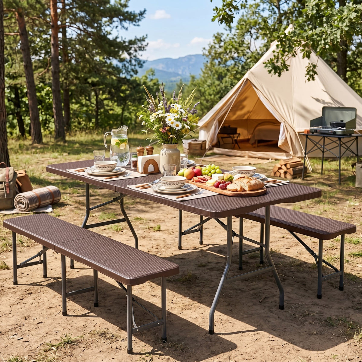 6 Ft Premium Camping Table With the Rattan Top