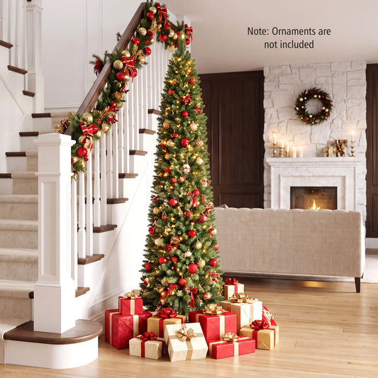 6 ft DirectDeals pre-lit pencil Christmas tree with 180 warm white LEDs amid gift boxes on Tampa Home & Garden Store