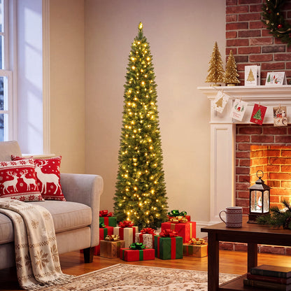 DirectDeals 6 ft pre-lit pencil Christmas tree with 180 warm white LEDs in cozy living room on Tampa Home & Garden Store