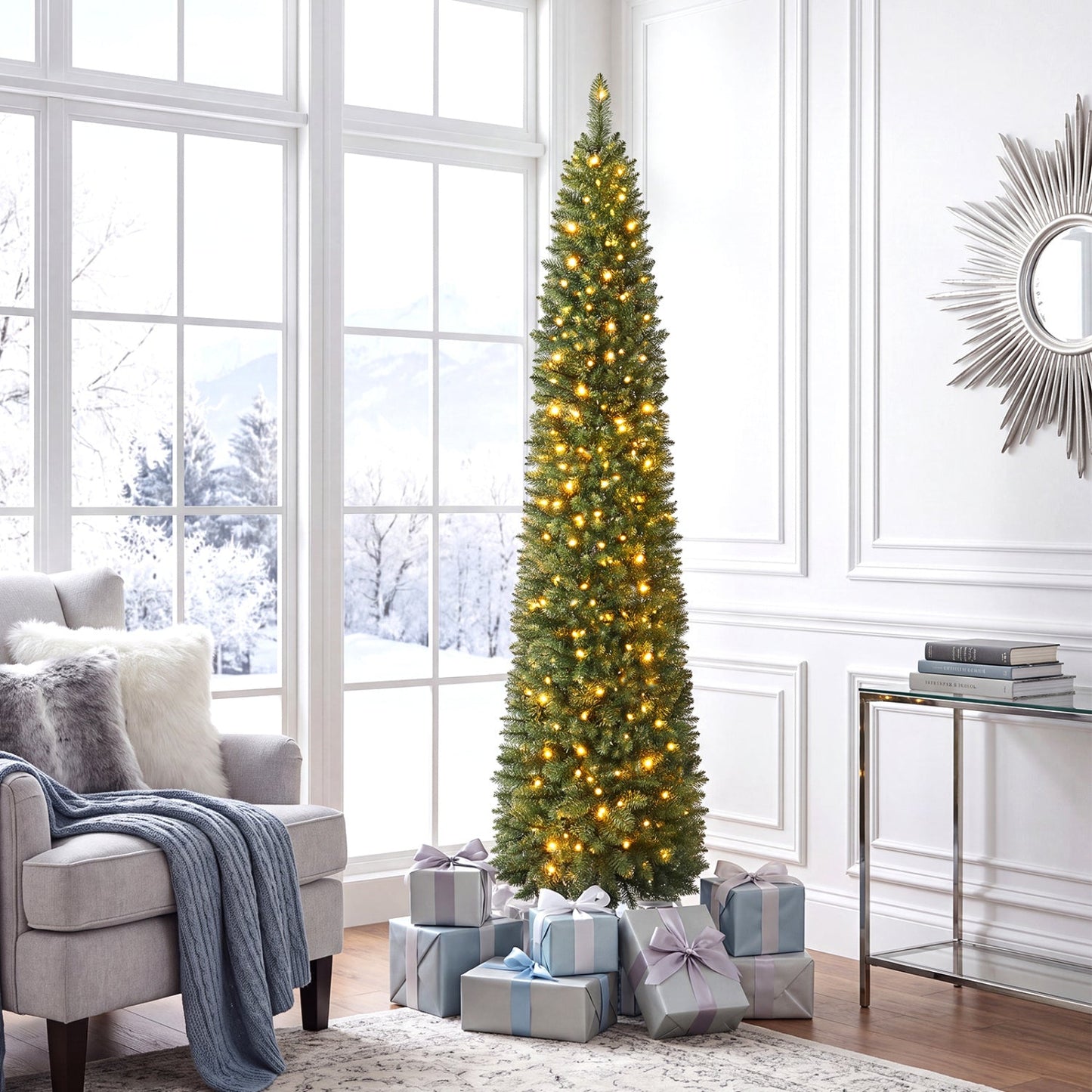 6 ft pencil Christmas tree DirectDeals with 180 warm white LEDs in living room on Tampa Home & Garden Store