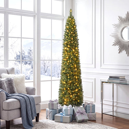 6 ft pencil Christmas tree DirectDeals with 180 warm white LEDs in living room on Tampa Home & Garden Store