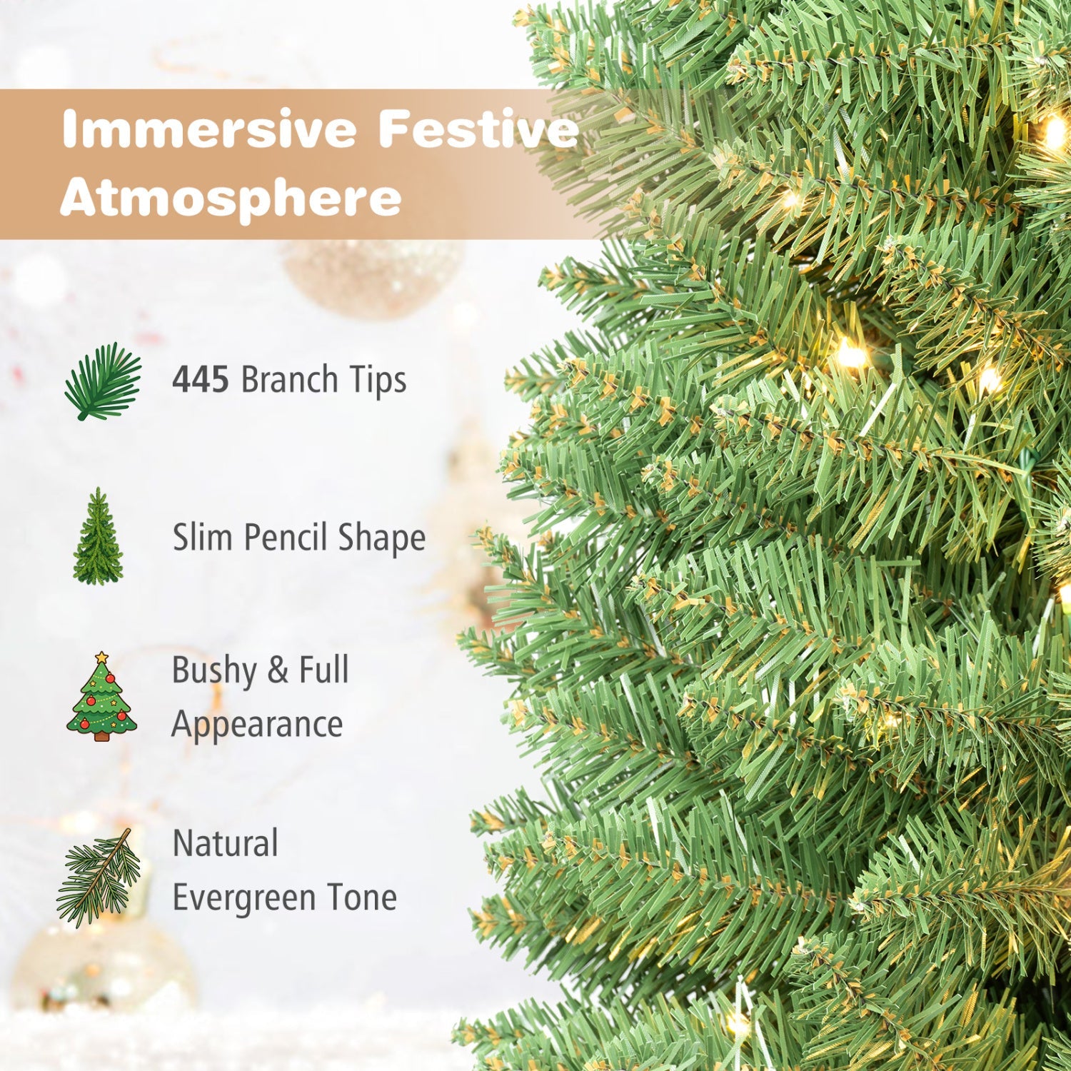 6 ft pre-lit pencil Christmas tree with 180 warm white LEDs, slim pencil shape on Tampa Home & Garden Store
