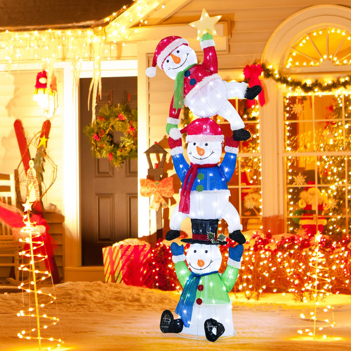 DirectDeals 6 ft pre-lit stacked snowman set with 155 colorful LED lights on ground stakes on Tampa Home & Garden Store