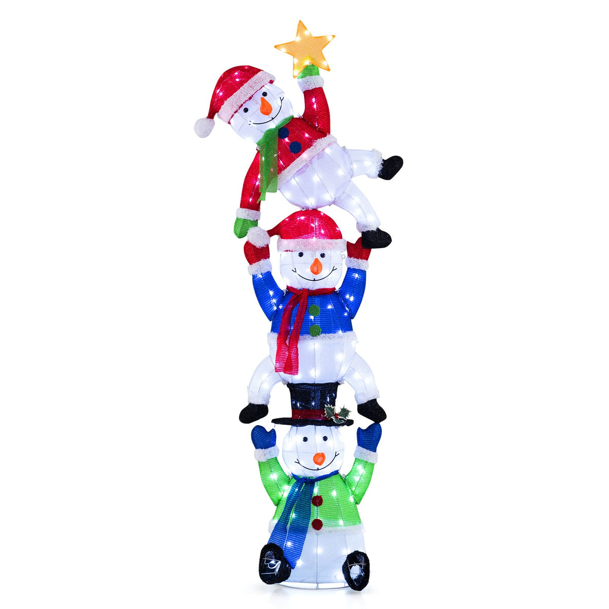 6ft Pre-Lit Stacked Snowman, 155 LEDs, DirectDeals; three snowmen with hats and scarves on Tampa Home & Garden Store