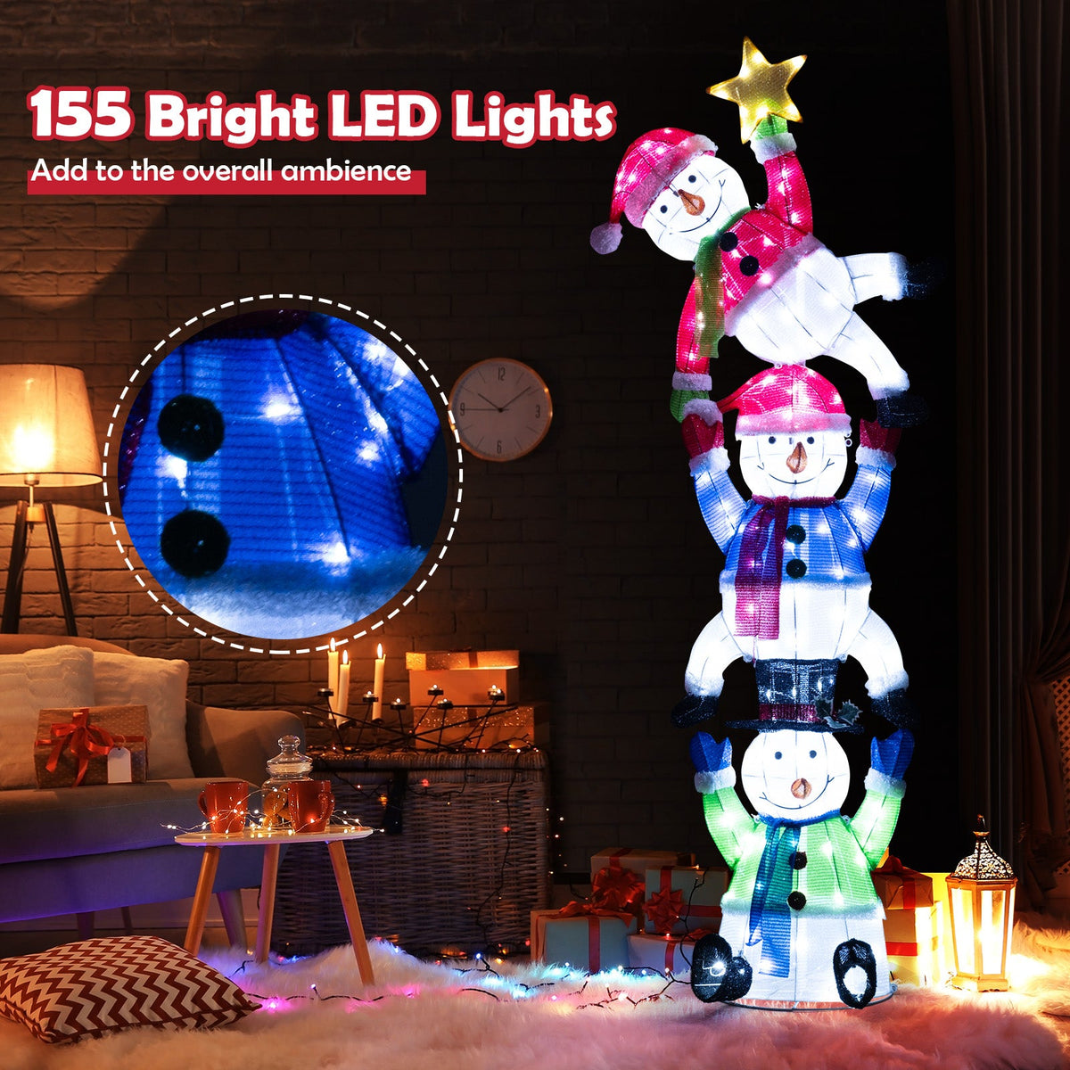 6 ft Pre-Lit Stacked Snowman Set by DirectDeals, 155 LED lights, ground stakes on Tampa Home and Garden Store