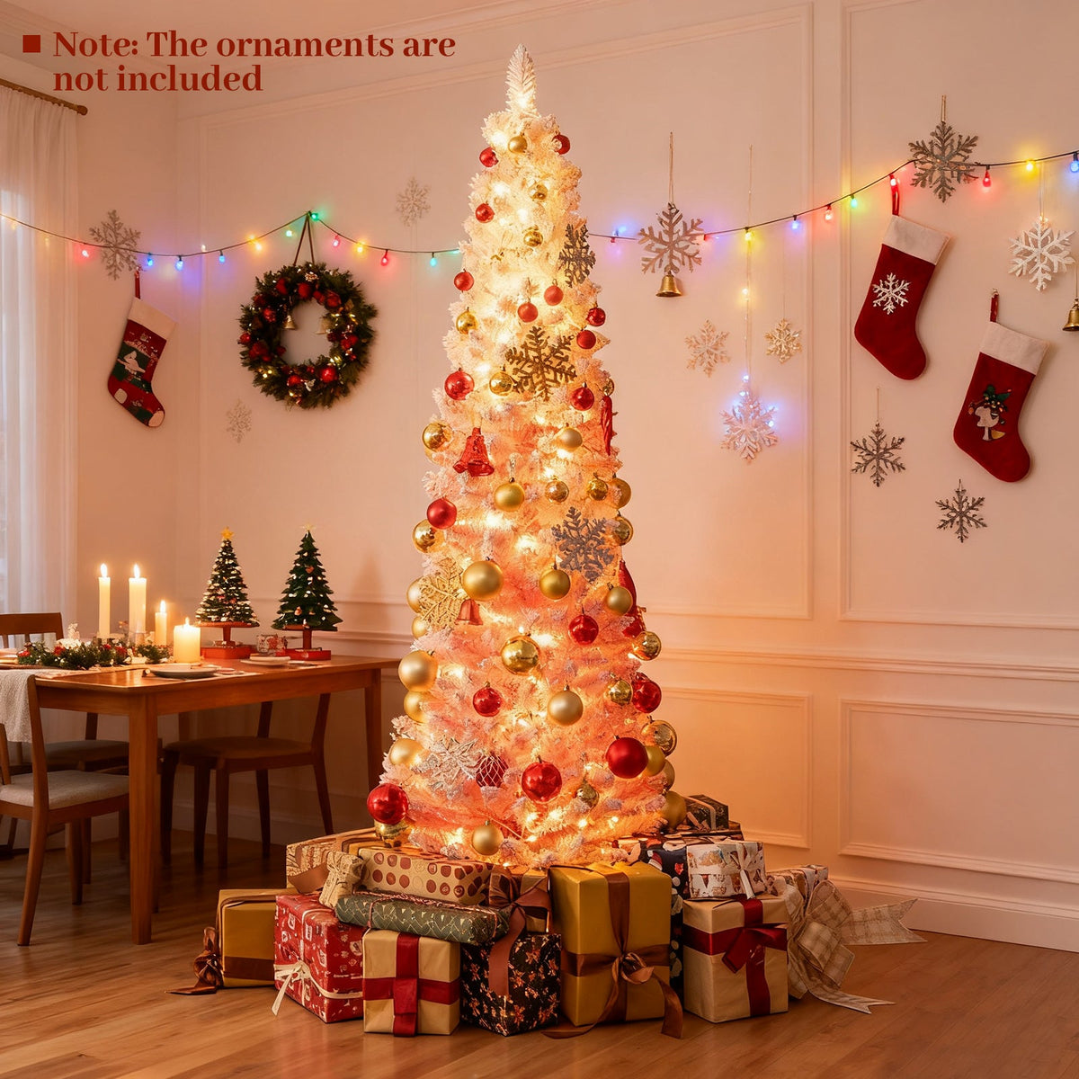6 ft pink artificial Christmas tree, hinged, prelit with warm lights, red gold ornaments on Tampa Home & Garden Store