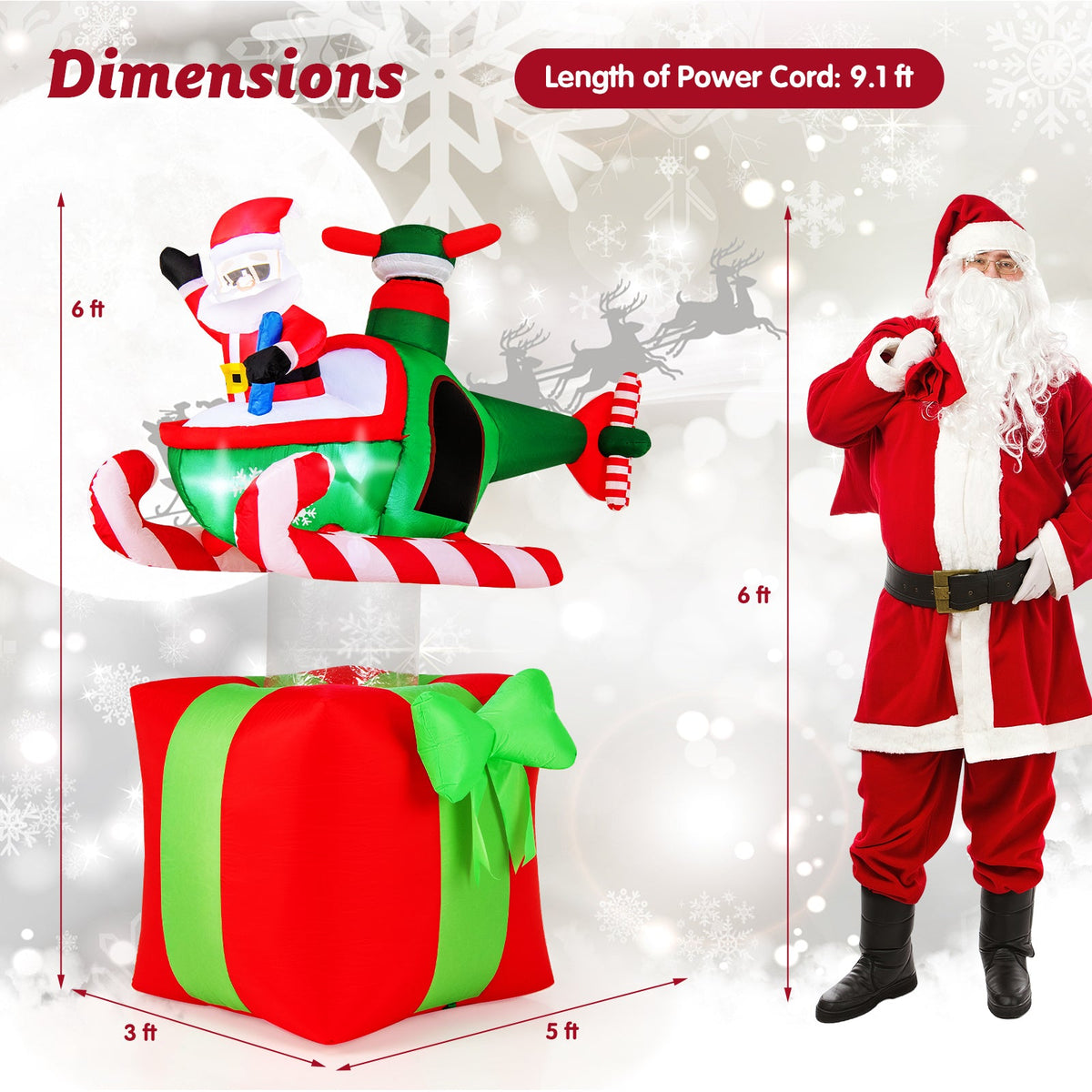6 ft inflatable Santa on a green-red airplane with LED lights and built-in blower; gift box prop DirectDeals on Tampa Home & Garden Store