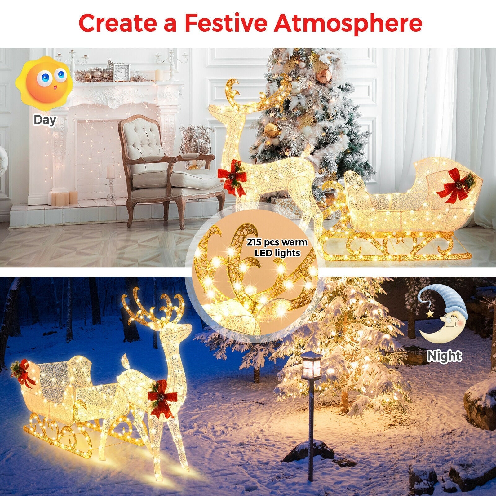 6 ft lighted reindeer and Santa sleigh with 4 stakes, warm LEDs and red bows on Tampa Home & Garden Store