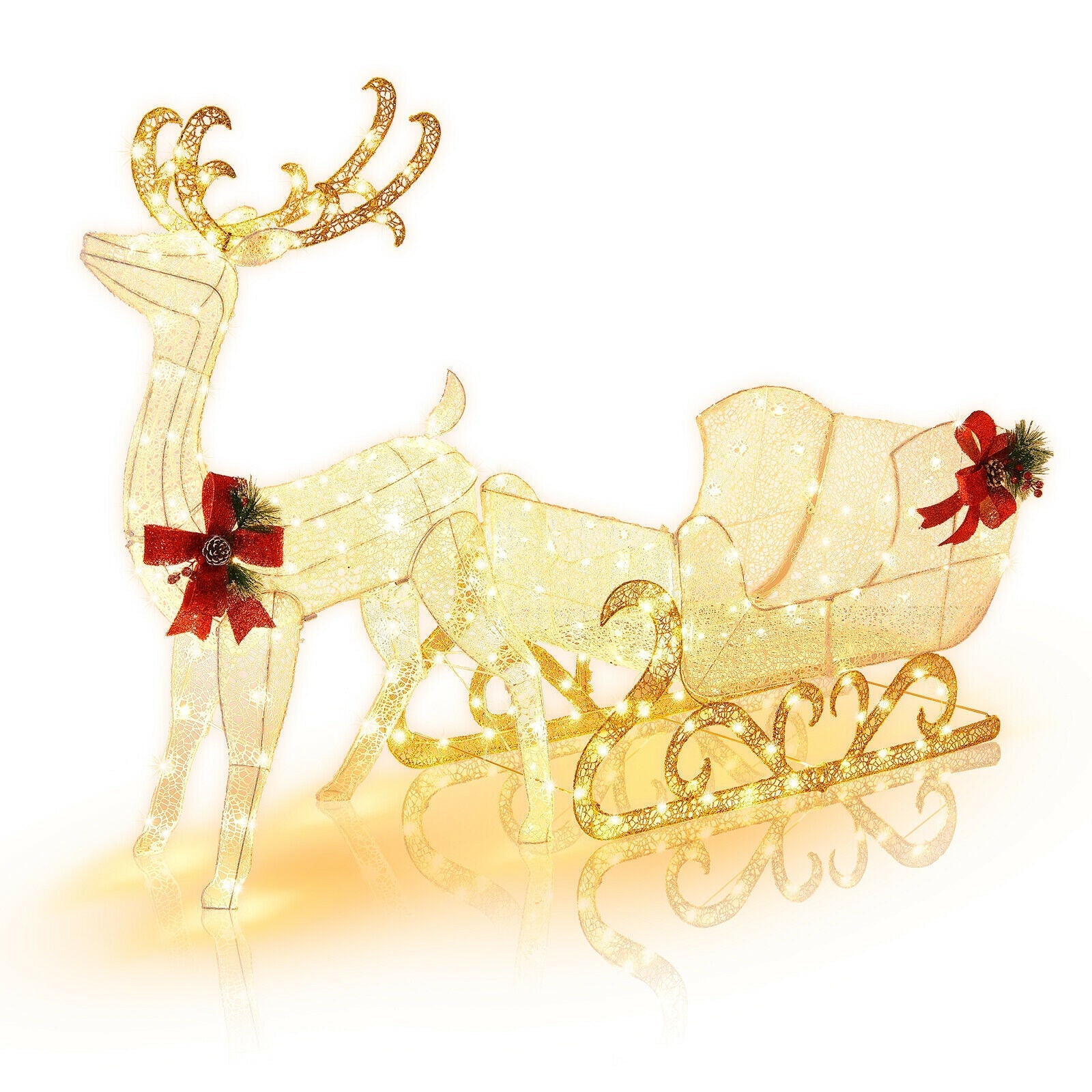 6 ft Christmas lighted reindeer with Santa's sleigh, gold wireframe, 4 stakes, red bow accents on Tampa Home & Garden Store
