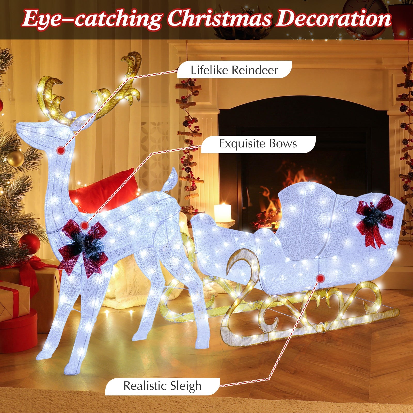 6 ft lighted reindeer and Santa's sleigh decoration, white illuminated figures with four stakes on Tampa Home & Garden Store