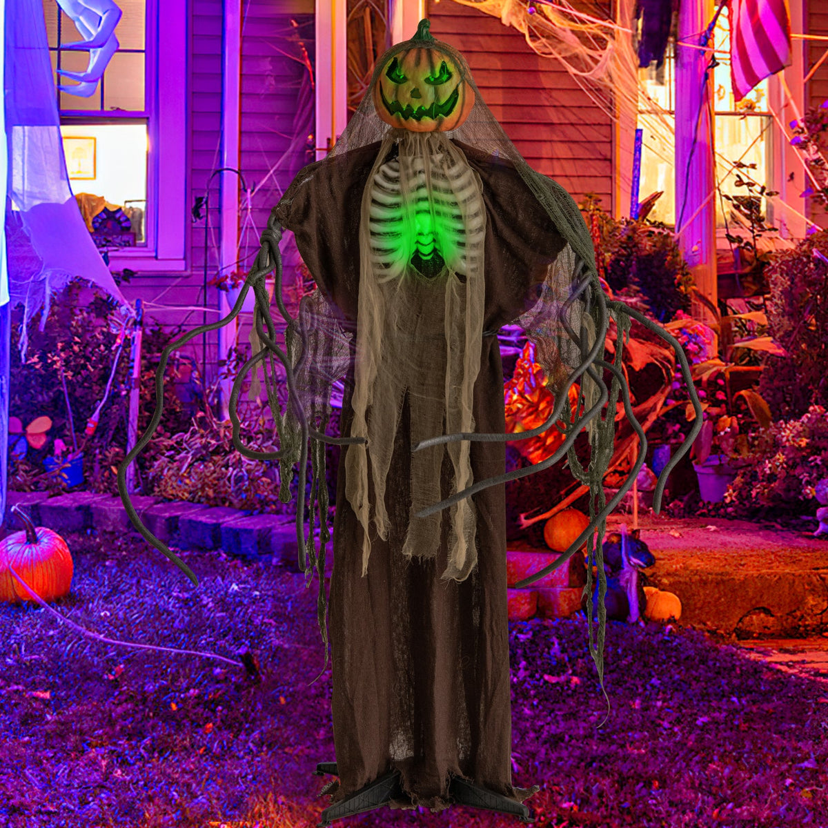 6 ft Halloween ghost animatronic with pumpkin head and glowing ribs moving head on Tampa Home & Garden Store