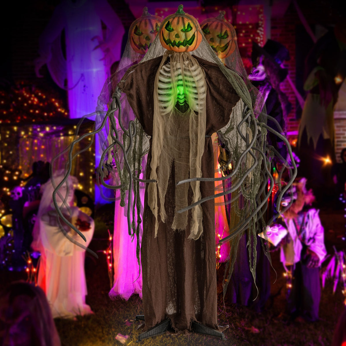 6 Feet Halloween Animatronics Ghost Pumpkin with green glowing ribs and moving head on Tampa Home & Garden Store
