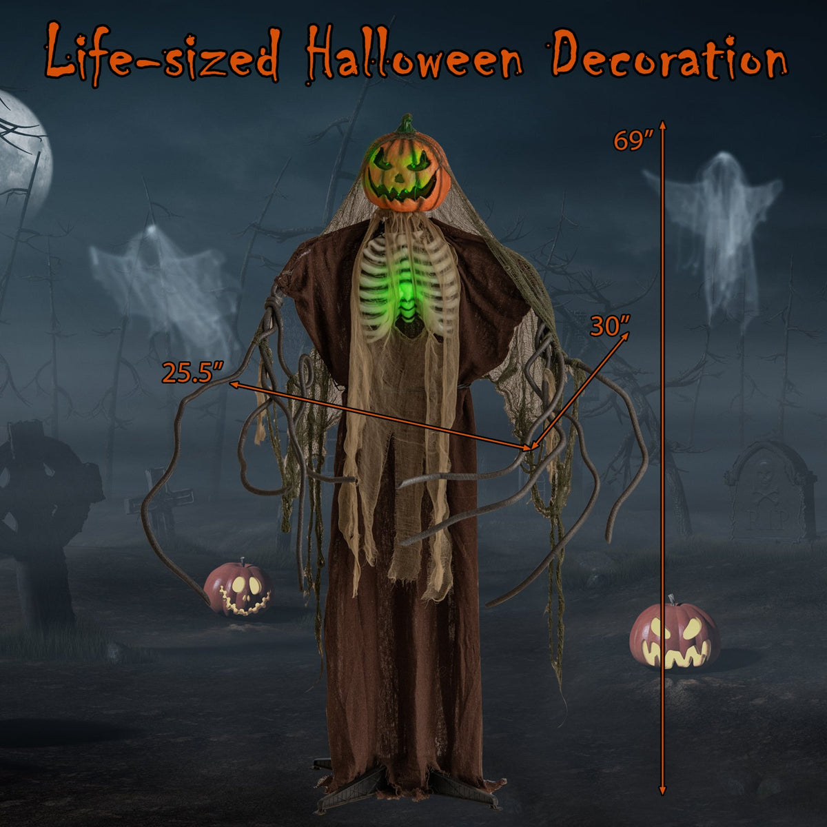 6 ft Halloween animatronic ghost pumpkin with glowing green ribs and moving head on Tampa Home & Garden Store