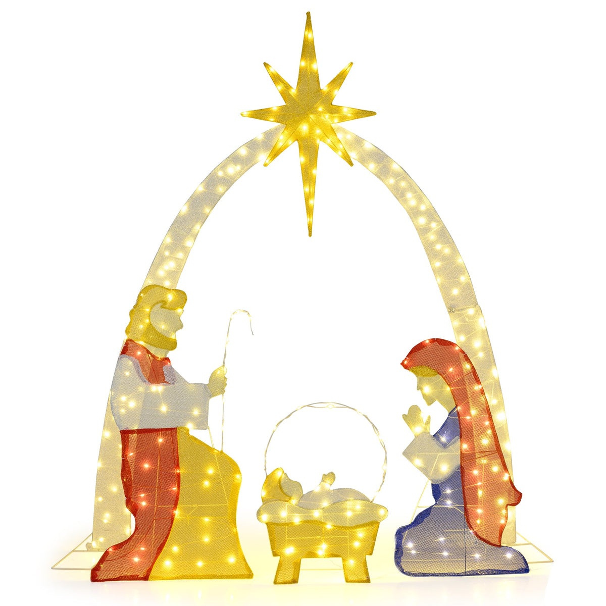 6 ft lighted nativity arch with star topper and kneeling red/blue figures, 240 LEDs, yard decor on Tampa Home & Garden Store