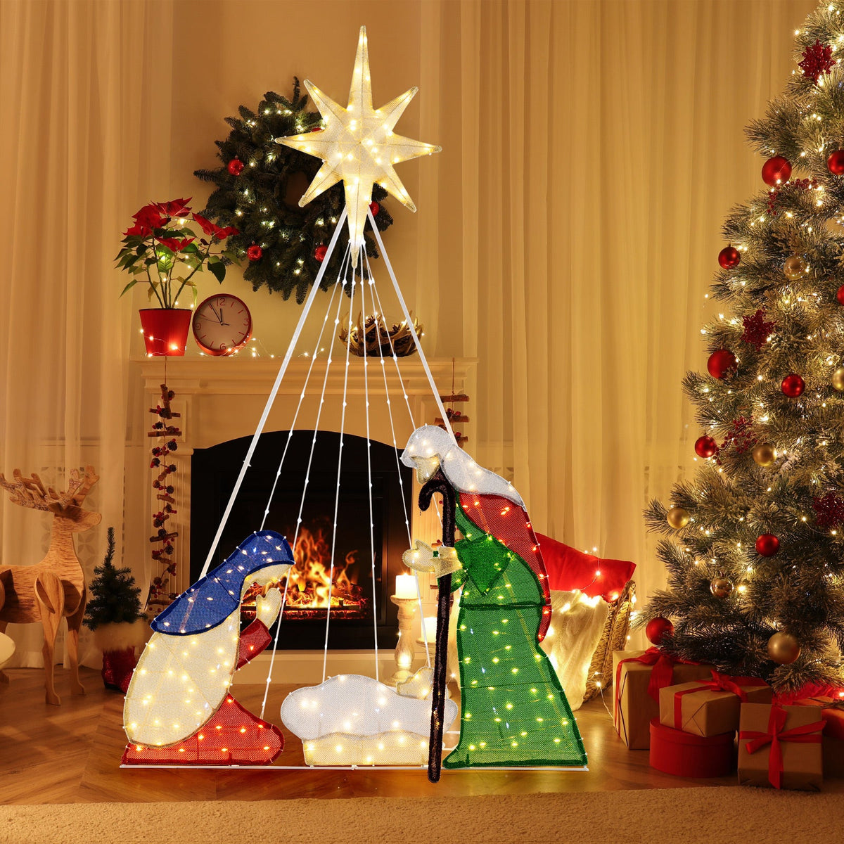 6 Feet Lighted Nativity Scene with 240 LED Lights, white wireframe star display on Tampa Home & Garden Store