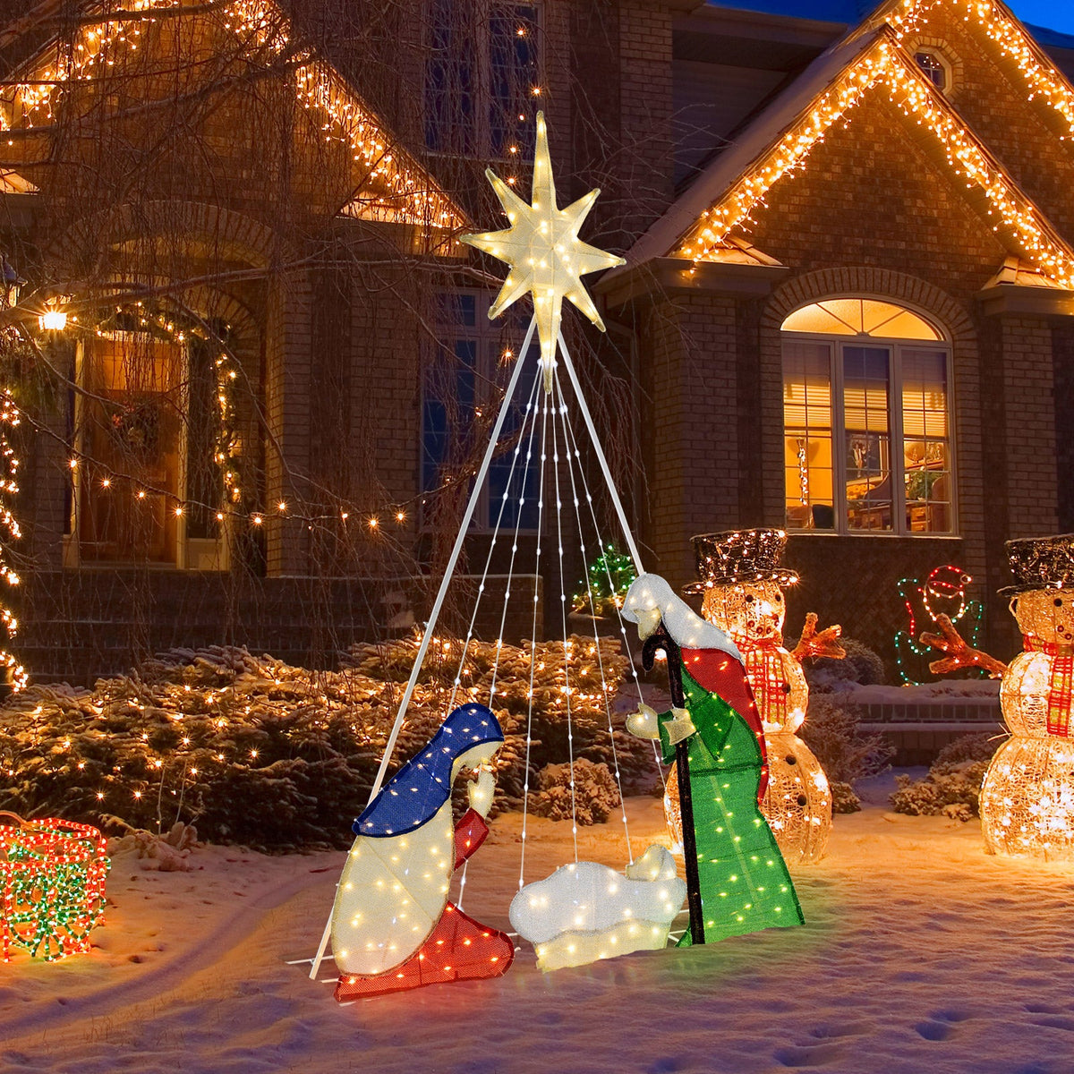 6 ft lighted nativity scene with 240 LED lights and star topper on pyramid frame in yard on Tampa Home & Garden Store
