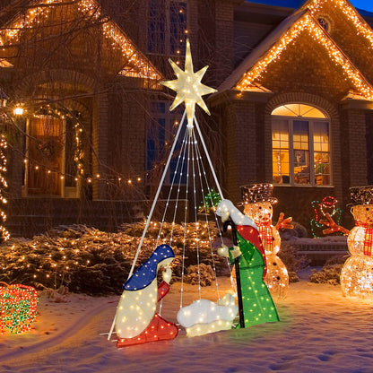 6 ft lighted nativity scene with 240 LED lights and star topper on pyramid frame in yard on Tampa Home & Garden Store