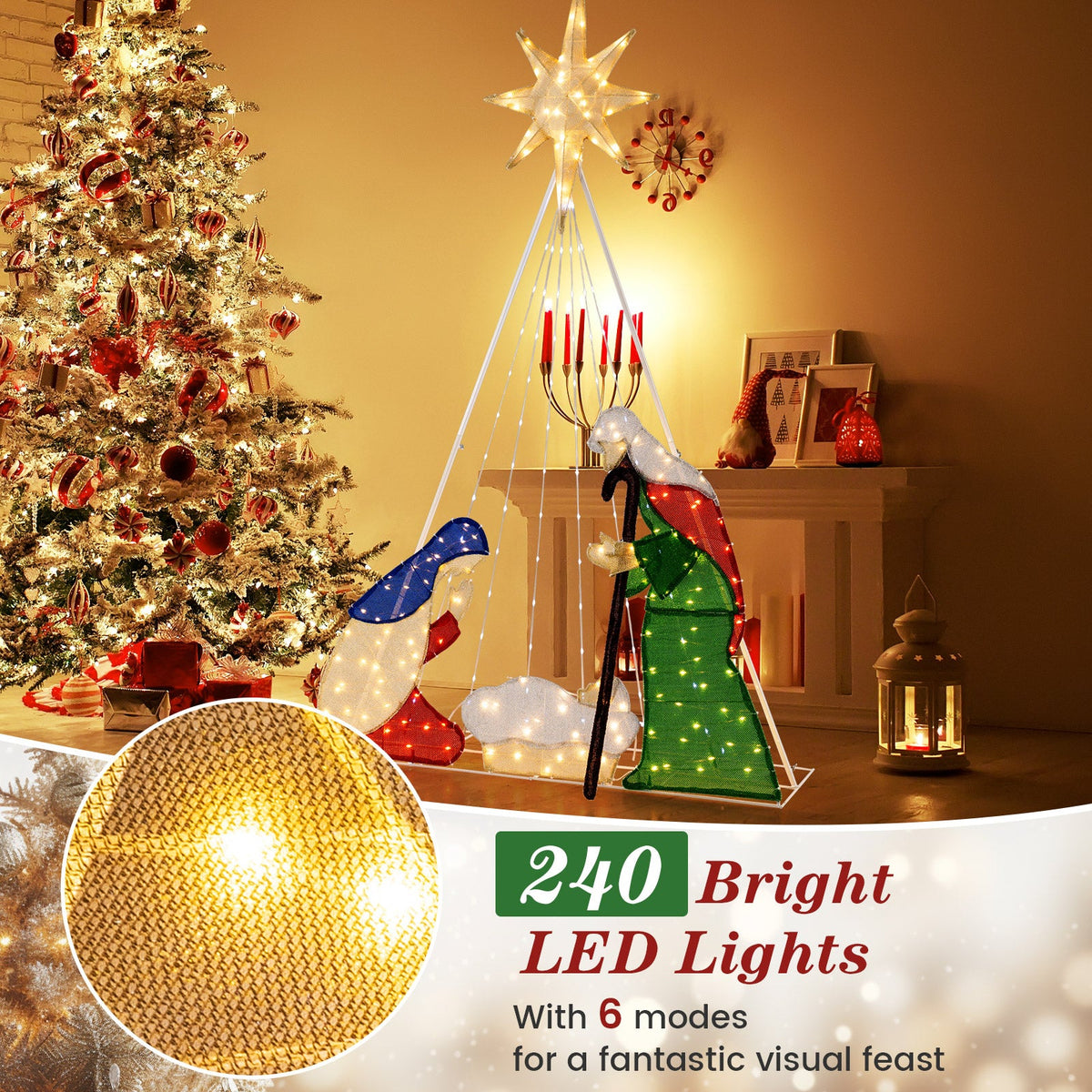 6 Feet Lighted Nativity Scene with 240 LED lights warm white glow star topper on Tampa Home & Garden Store