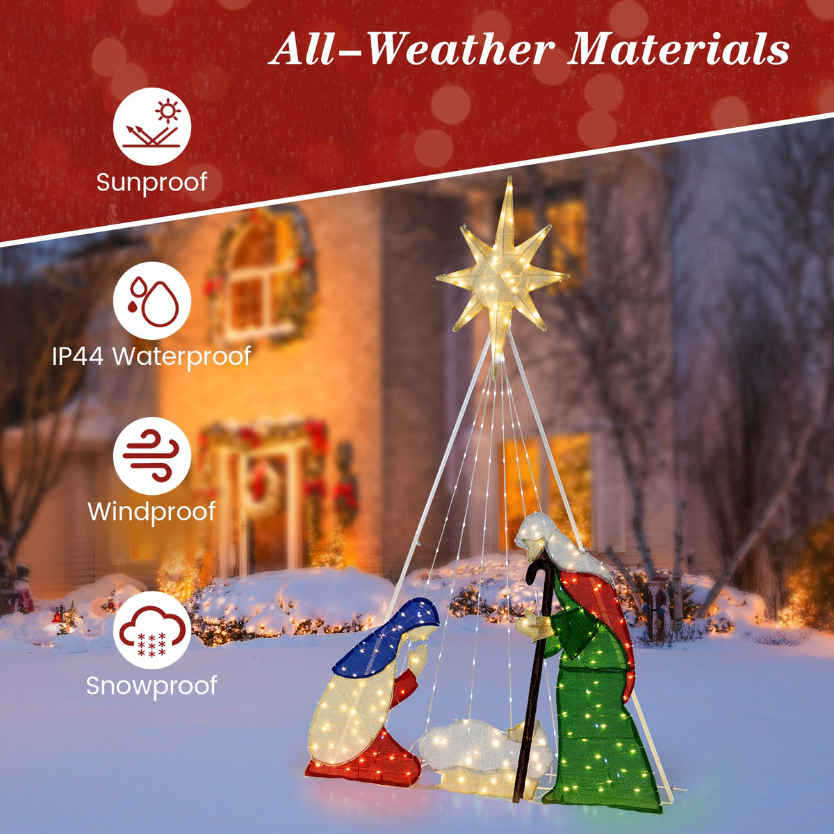 6 ft lighted nativity scene with 240 LEDs for outdoor display featuring a star topper on Tampa Home & Garden Store