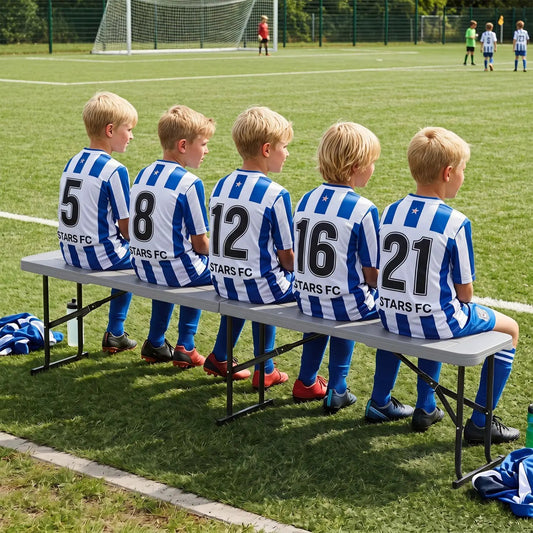 6 Foot Folding Bench with Carrying Handle, gray top; five players in blue jerseys sit on it on Tampa Home & Garden Store