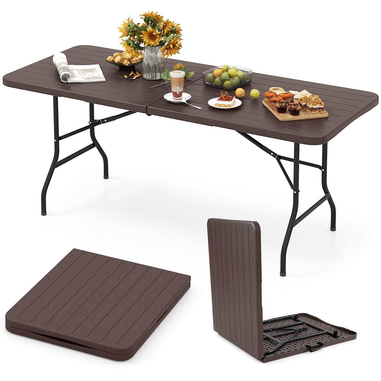 Mesa Plegable de 6 Pies con Tablero de HDPE con Vetas de Madera y Mecanismo de Bloqueo Seguro - Marrón