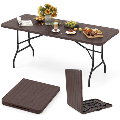 Mesa Plegable de 6 Pies con Tablero de HDPE con Vetas de Madera y Mecanismo de Bloqueo Seguro - Marrón