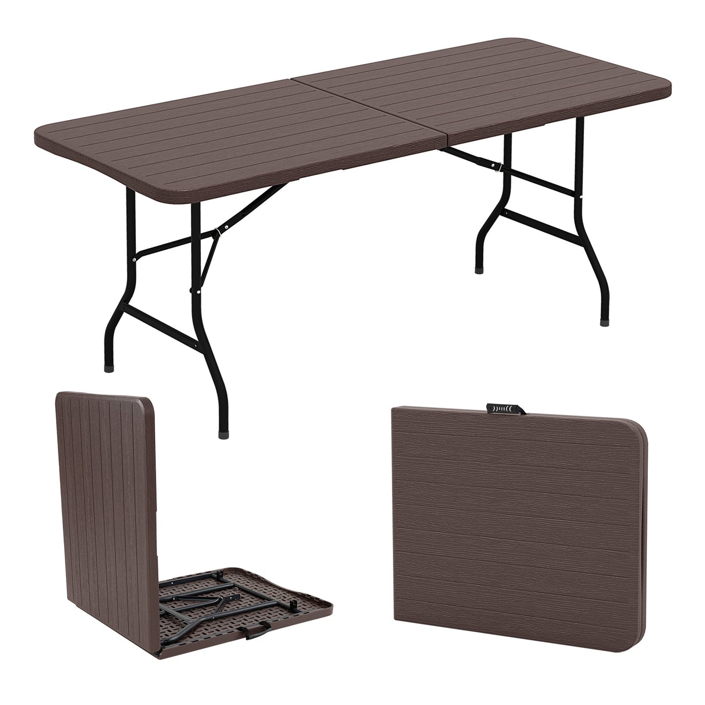 Mesa Plegable de 6 Pies con Tablero de HDPE con Vetas de Madera y Mecanismo de Bloqueo Seguro - Marrón