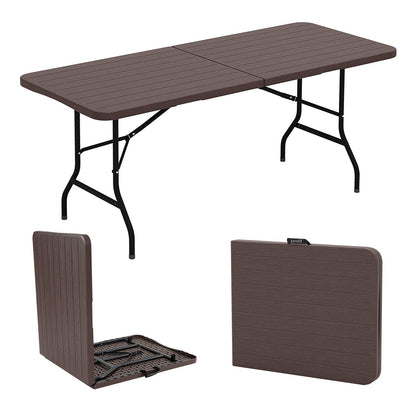 Mesa Plegable de 6 Pies con Tablero de HDPE con Vetas de Madera y Mecanismo de Bloqueo Seguro - Marrón