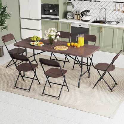Mesa Plegable de 6 Pies con Tablero de HDPE con Vetas de Madera y Mecanismo de Bloqueo Seguro - Marrón