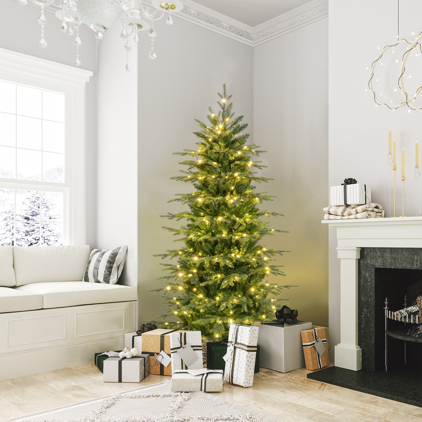 7.5 ft pre-lit artificial Christmas tree with warm white LEDs, green branches in a bright living room with gifts on Tampa Home & Garden Store