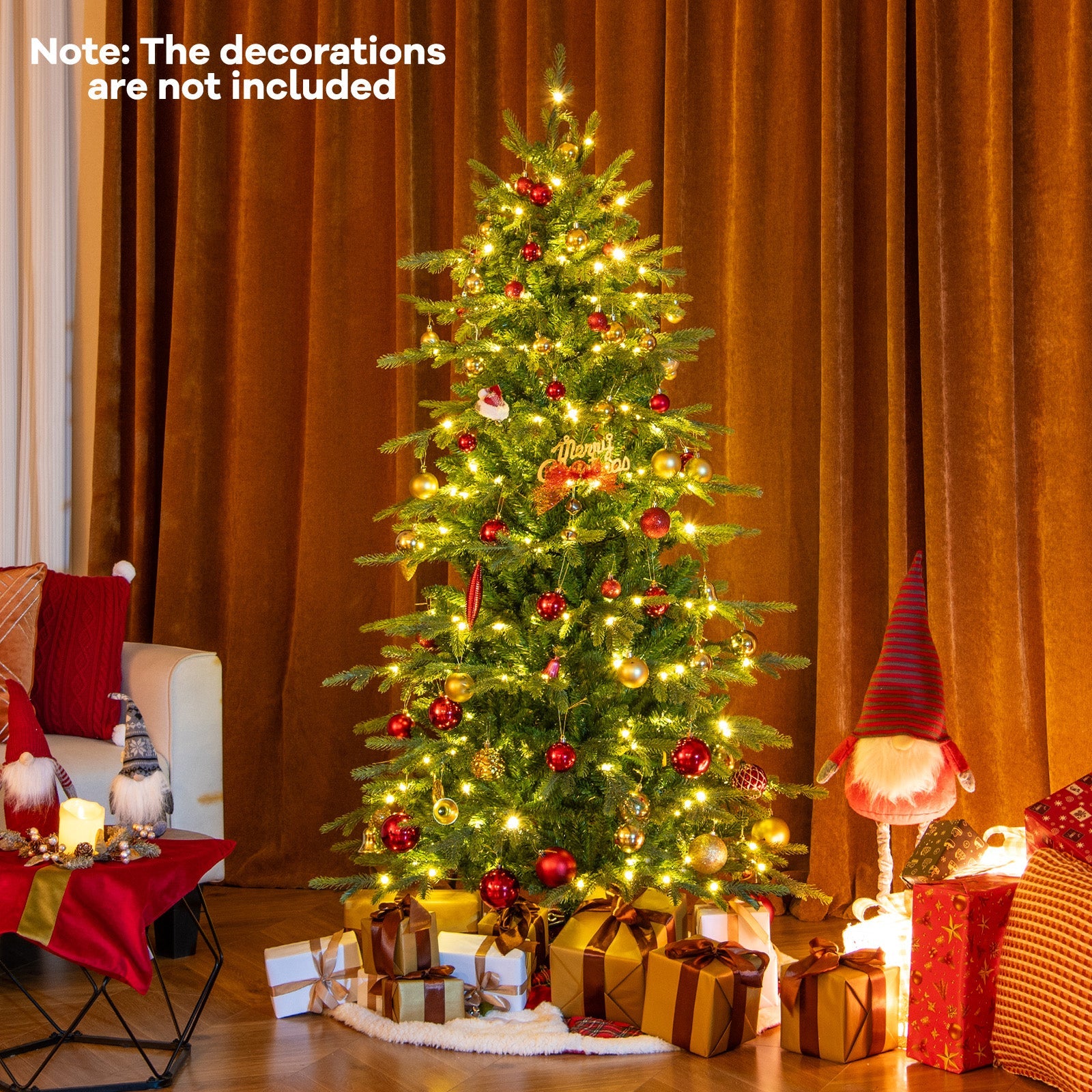 7.5 ft pre-lit artificial Christmas tree with warm white LEDs, DirectDeals; green with red ornaments on Tampa Home & Garden Store