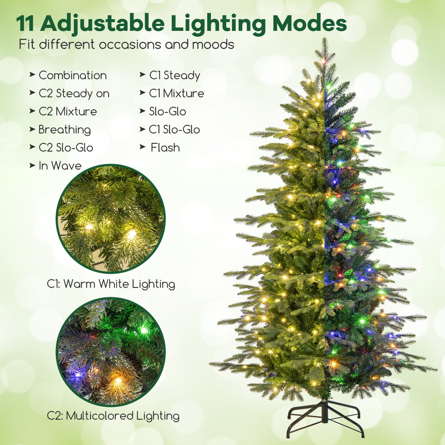 7.5 ft pre-lit artificial Christmas tree with warm white LED lights, 11 lighting modes on Tampa Home & Garden Store