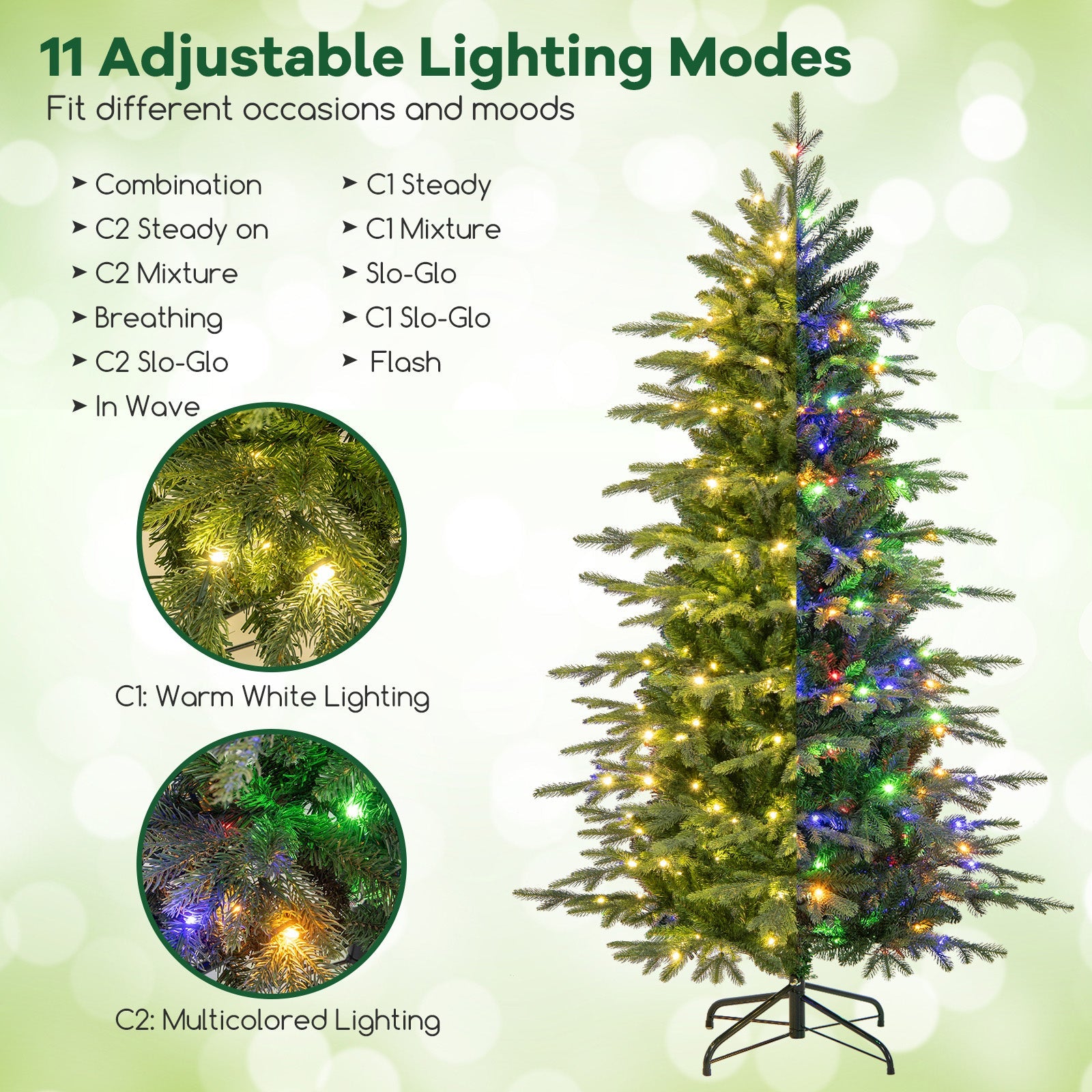 7.5 ft pre-lit artificial Christmas tree with warm white LED lights, 11 lighting modes on Tampa Home & Garden Store