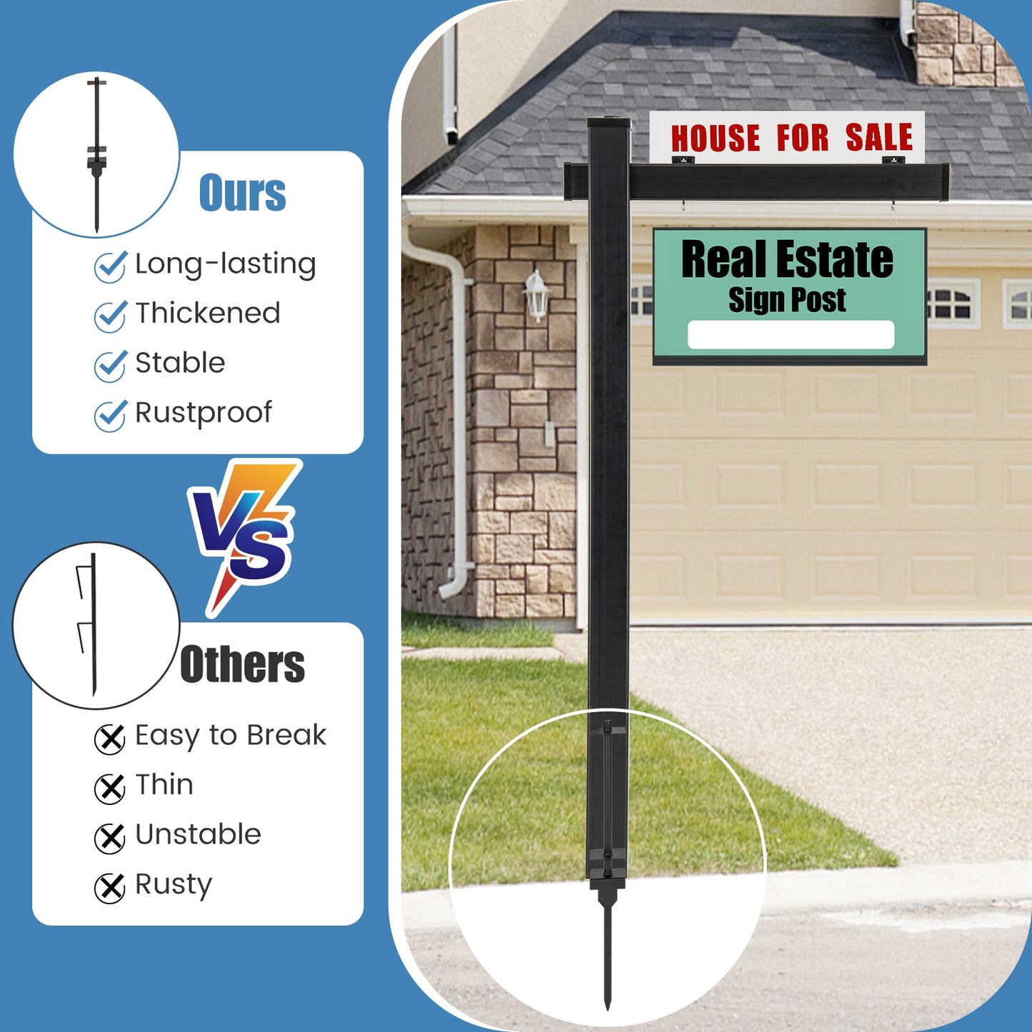 Poste de letrero de bienes raíces de vinilo UPVC de 6 pies Poste de letrero de patio para agente inmobiliario-Negro