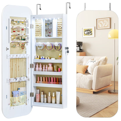 6 LEDs Mirror Jewelry Cabinet Wall or Door Mounted Lockable Jewelry Organizer-White