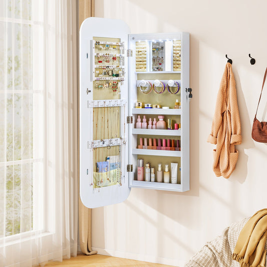 6 LEDs Mirror Jewelry Cabinet Wall or Door Mounted Lockable Jewelry Organizer-White - Tampa Home & Garden Store