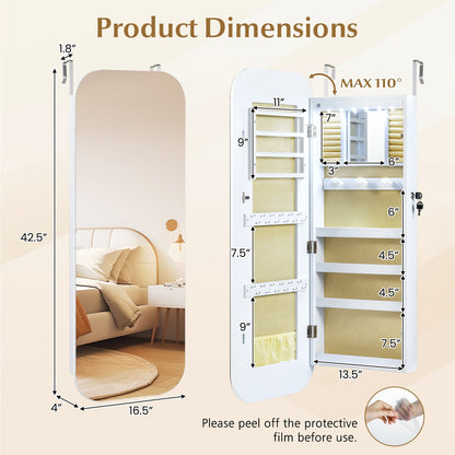 6 LEDs Mirror Jewelry Cabinet Wall or Door Mounted Lockable Jewelry Organizer-White