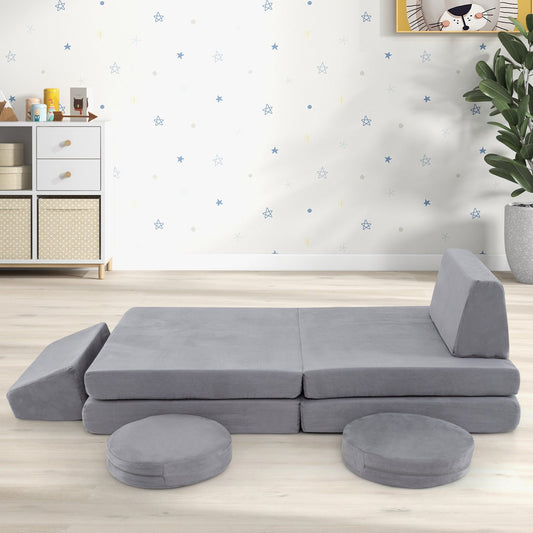 6 Pieces Modular Kids Play Couch Set with Washable Covers for Living Room Playroom-Gray - Tampa Home & Garden Store