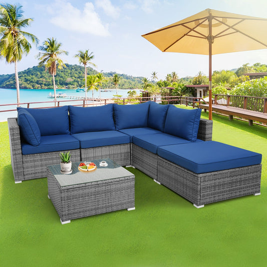 6 Pieces Outdoor Rattan Sofa Set with Seat and Back Cushions-Navy - Tampa Home & Garden Store