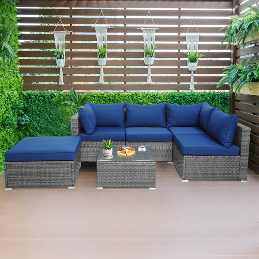 6 Pieces Outdoor Rattan Sofa Set with Seat and Back Cushions-Navy - Tampa Home & Garden Store